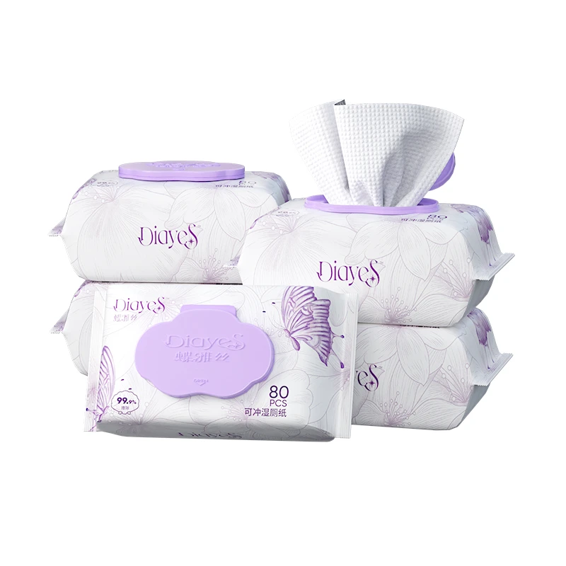 蝶雅丝可冲湿厕纸80抽6包加厚清洁温和成人婴幼通用纯水湿湿厕纸