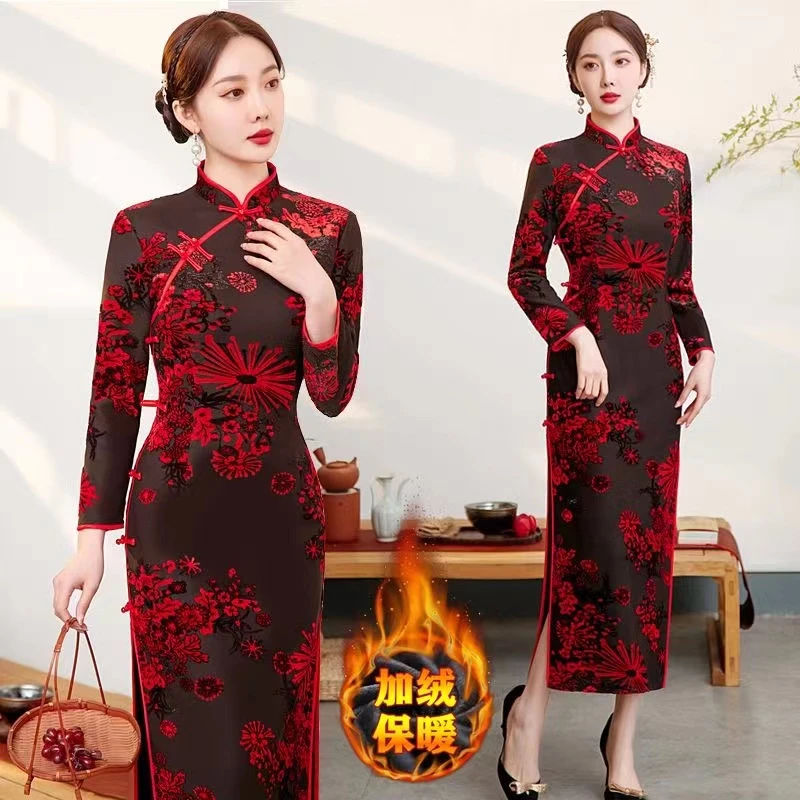 复古高档加绒保暖喜婆婆婚礼礼服秋冬加厚修身气质加长款旗袍显瘦