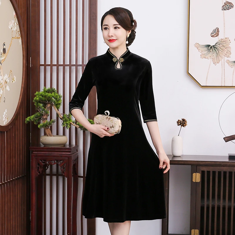 七分袖纯色改良旗袍连衣裙