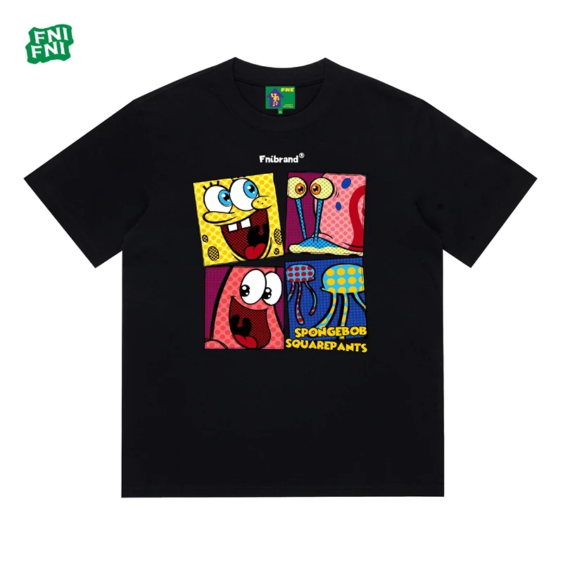 FNI国潮重磅纯棉（四格海绵宝宝）男女同款t恤美式复古短袖新款白墨