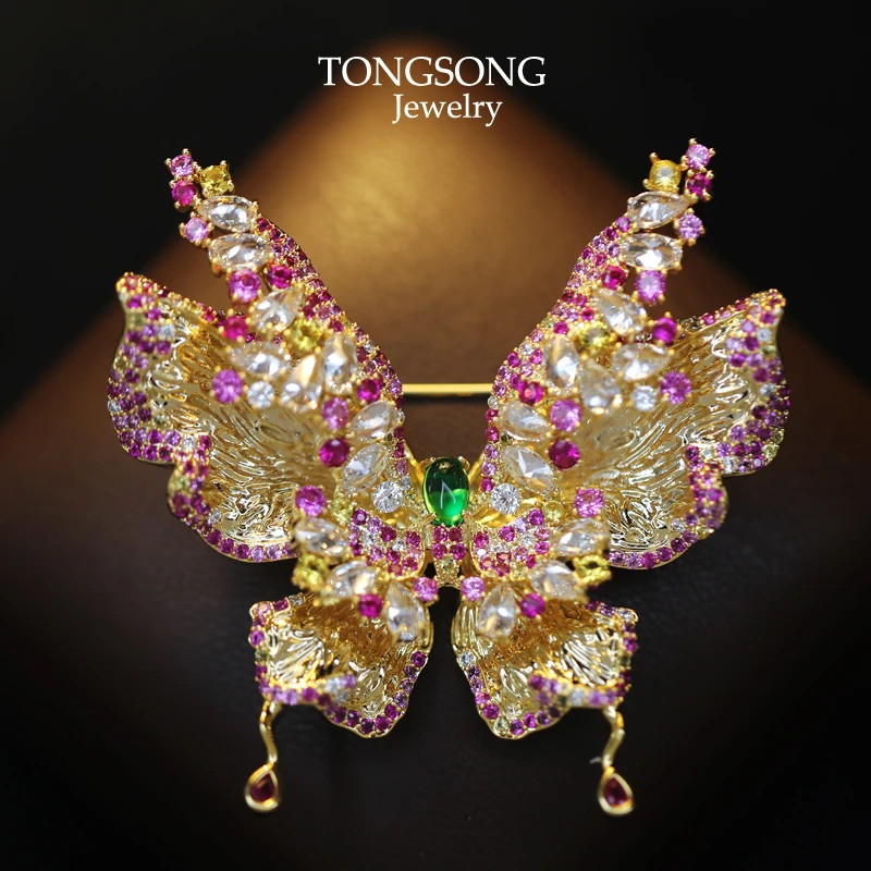 铜合金仿水晶胸针 轻奢精致艳丽蝴蝶胸针 复古大衣外套配饰