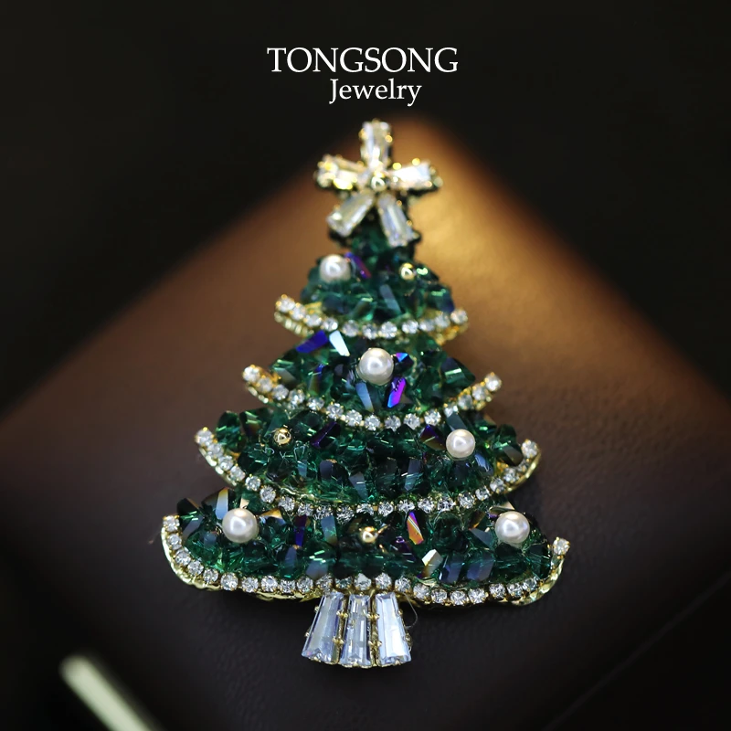 铜合金仿水晶胸针 精致绿色圣诞树胸针 时尚大衣配饰别针