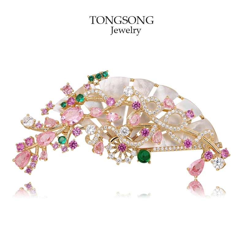 铜合金胸针 合成锆石扇子胸针贝壳气质别针大衣西装配饰