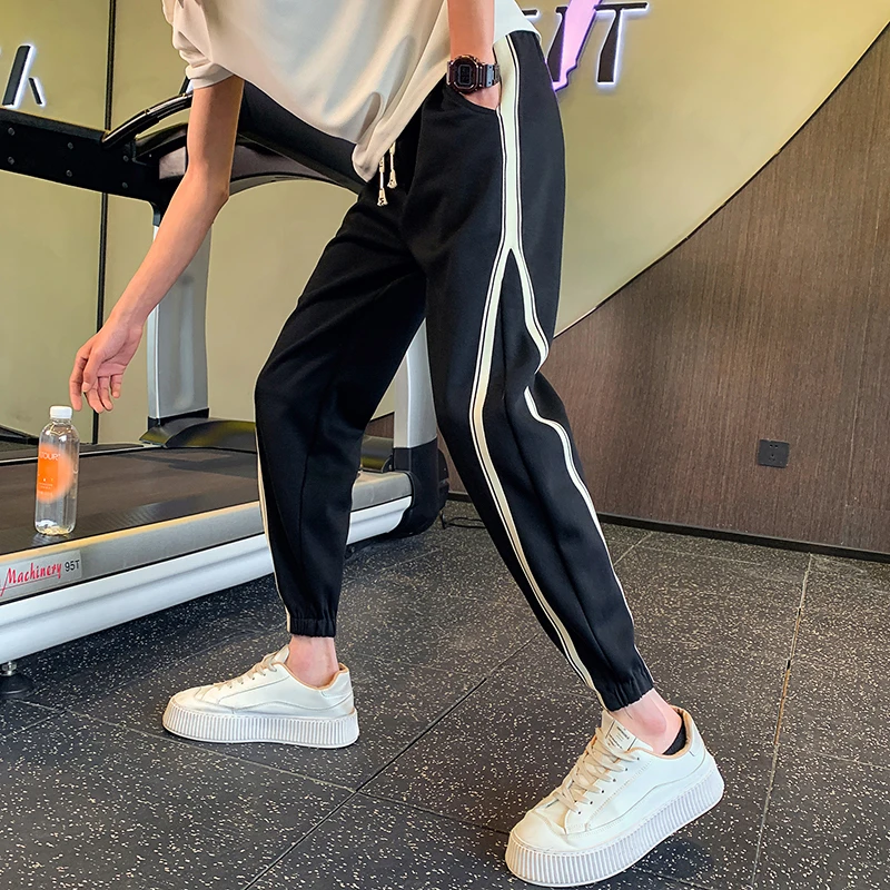 条纹卫裤男士春秋季2023新款潮牌束脚运动九分冬装薄款休闲长裤子