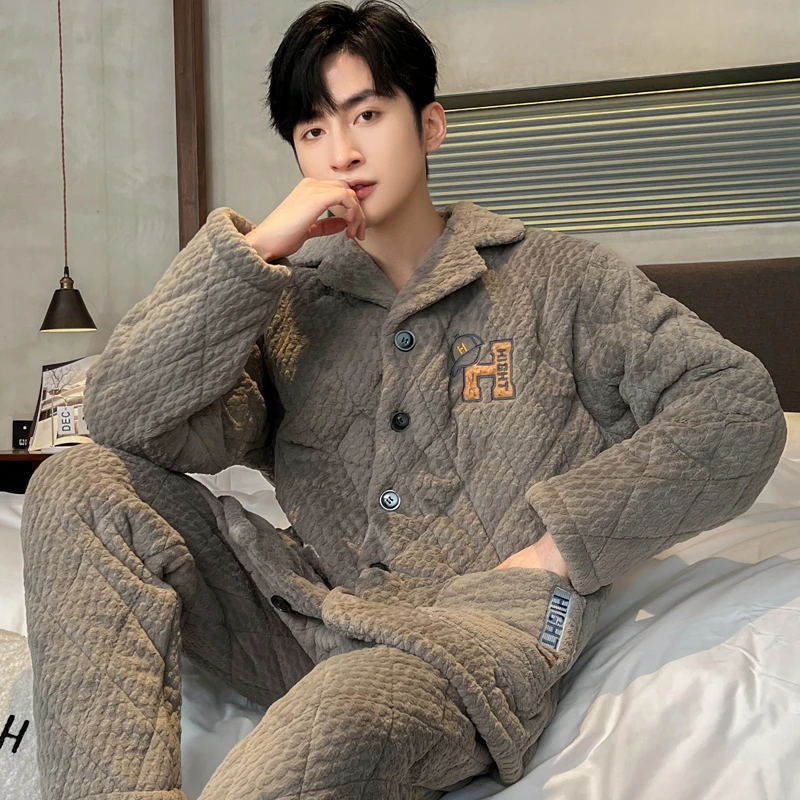 男士睡衣秋冬款三层夹棉珊瑚绒加绒加厚冬季法兰绒家居服两件套装