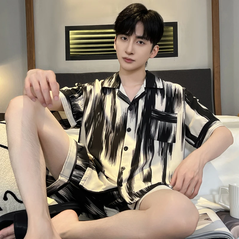 睡衣男士短袖短裤薄款冰丝夏季男式夏天男生可外穿家居服两件套装