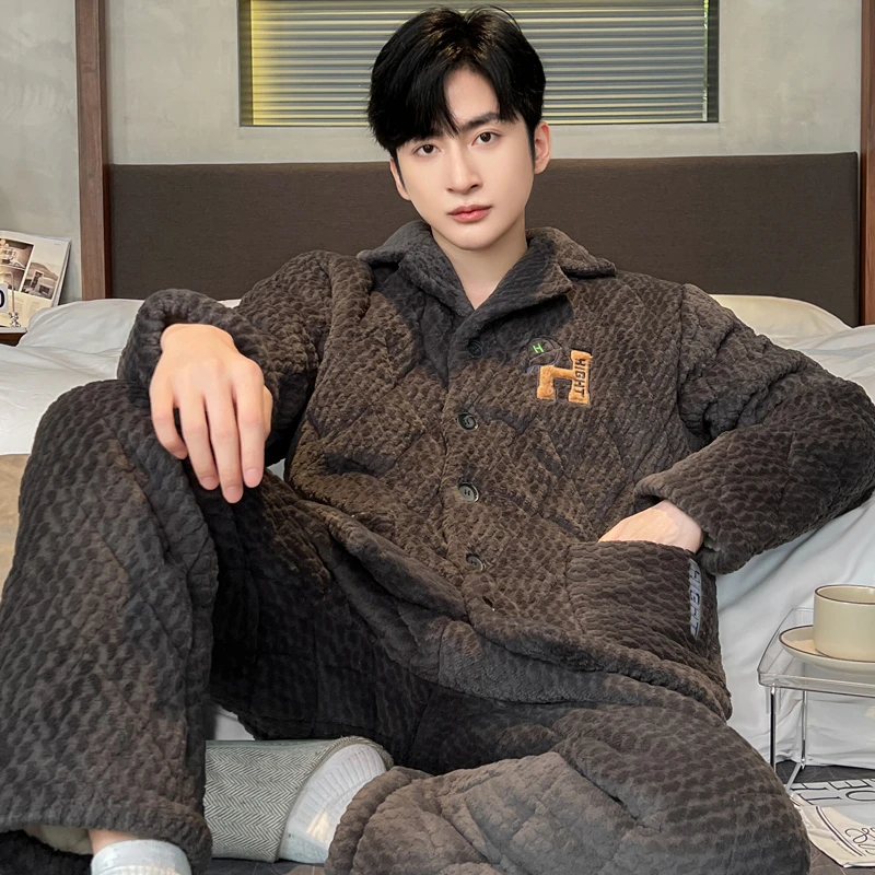 男士睡衣秋冬款三层夹棉珊瑚绒加绒加厚冬季法兰绒家居服两件套装