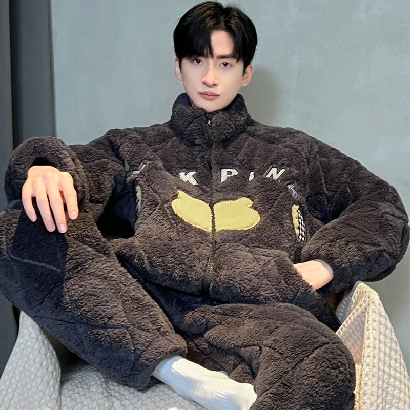 男士睡衣秋冬款三层夹棉珊瑚绒加绒加厚冬季法兰绒家居服两件套装