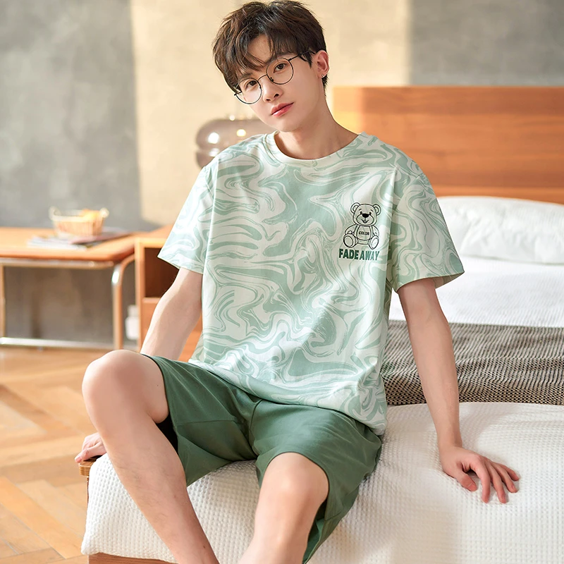 男士睡衣夏季纯棉短袖短裤薄款卡通青少年学生男款夏天家居服套装