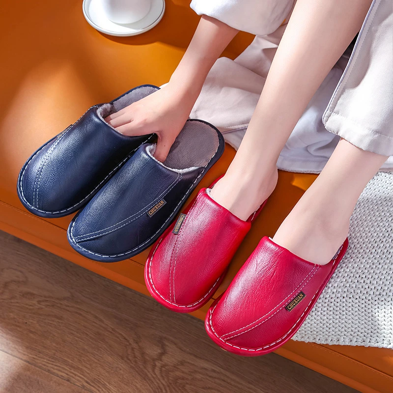 【牛筋底】2024秋冬新款保暖情侣皮拖鞋秋冬季防水棉拖鞋