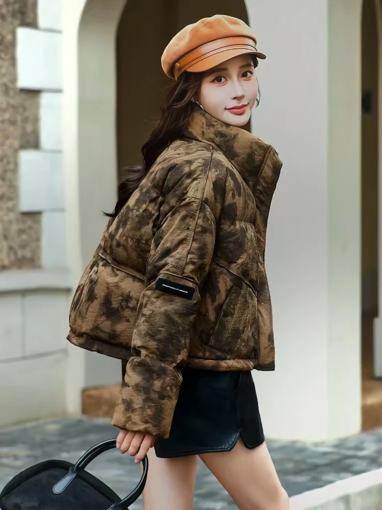 短款羽绒服女冬季2024新款小个子时髦洋气复古扎染立领外套