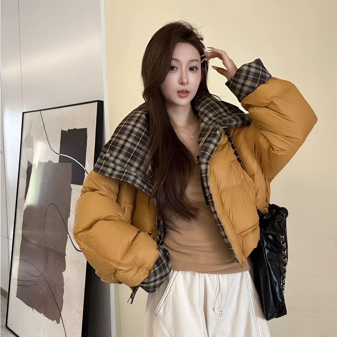 韩熙蓓2024冬季白鸭绒短款格子韩版时尚连帽加厚保暖羽绒服外套