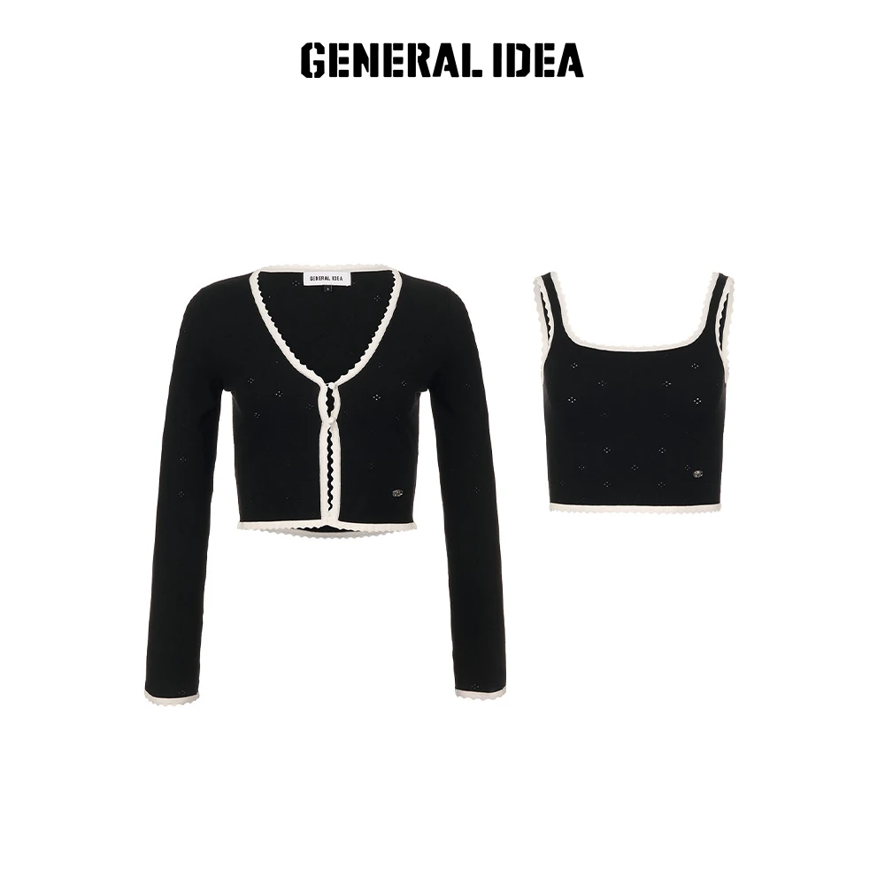 GENERAL IDEA新款镂空撞色花边蕾丝V领背心开衫套装3544