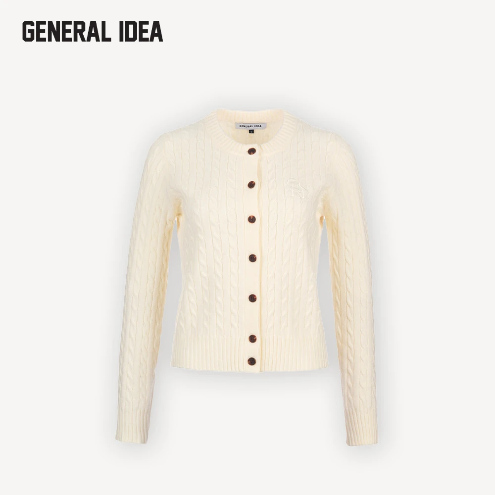 GENERAL IDEA BY BUMSUK百搭！刺绣羊毛混纺圆领麻花针织开衫4501