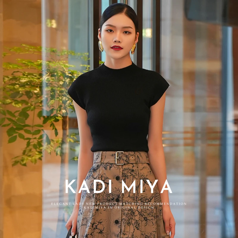 KADIMIYA法式简约气质半高领纯色短袖修身毛针织衫休闲百搭时尚