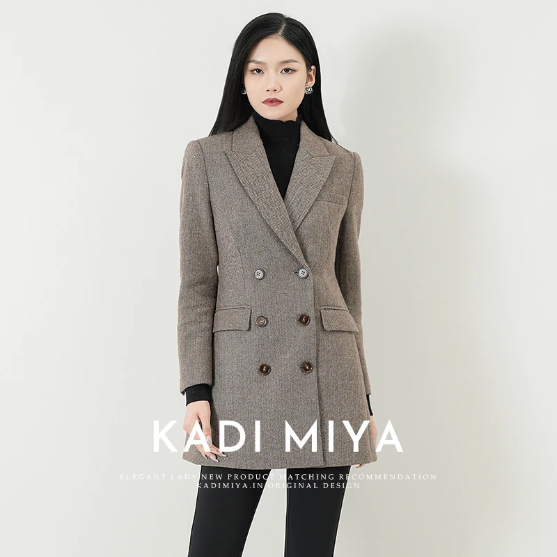 KADIMIYA复古双排扣中长款斜纹西装外套女秋冬修身羊毛外套新款