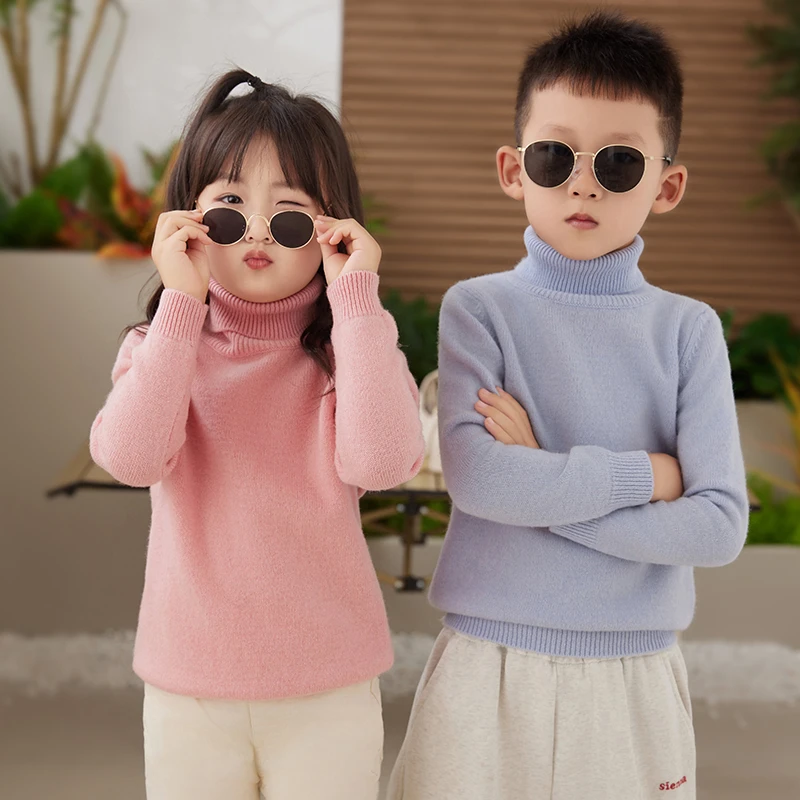 秋冬新款洋气高翻领套头男女童纯羊毛衫保暖加厚儿童针织打底毛衣