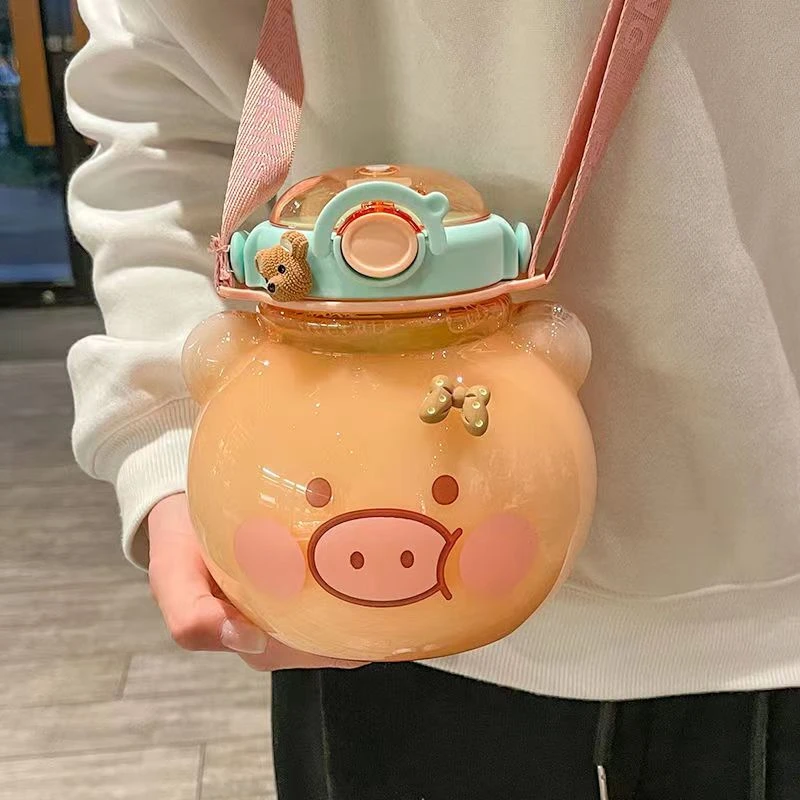 小熊大肚杯吸管杯女生高颜值水杯可爱携带ins学生党大容量粉色杯