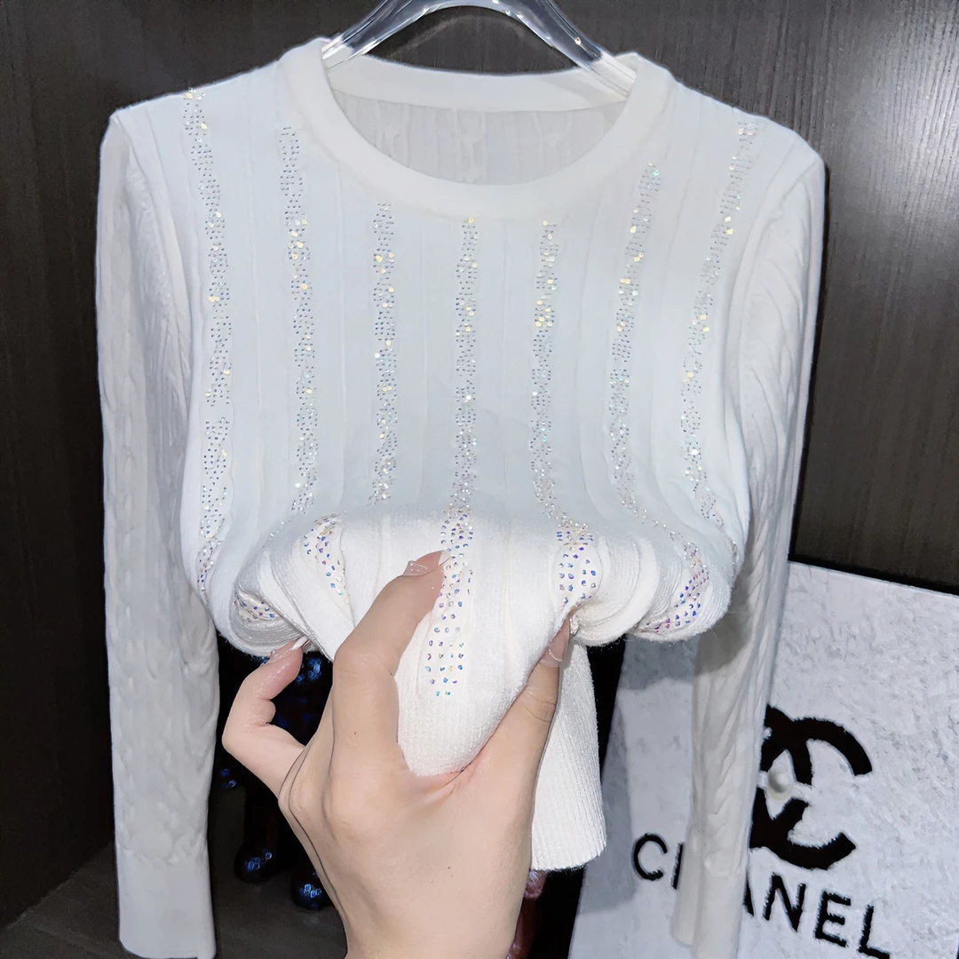 JIEMONSIA老钱风圆领针织衫七彩烫钻套头百搭时尚气质针织套头衫