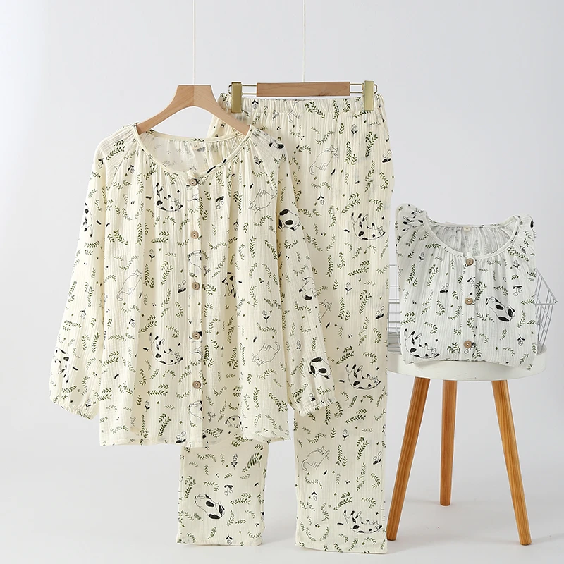 2024新款纯棉双层纱睡衣女春夏秋冬季薄款长袖全棉宽松家居服套装