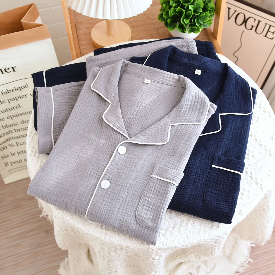 夏季薄款男士睡衣纯棉春秋长袖全棉纱布纯色宽松中老年家居服套装