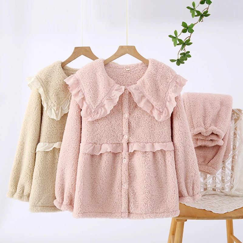 冬季娃娃领羊羔绒睡衣女加厚保暖珊瑚绒长袖可爱公主风家居服套装