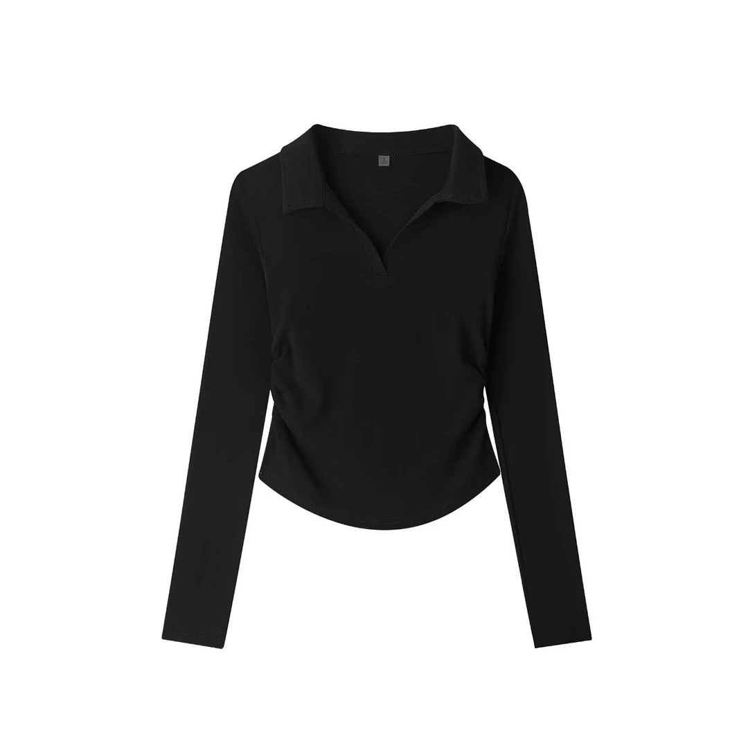 正肩POLO领长袖T恤女秋季新款大码褶皱收腰修身短款正正品