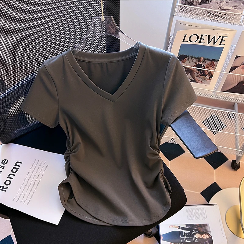 短袖t恤女夏季新款辣妹修身v领上衣褶皱收腰弧形下摆体恤
