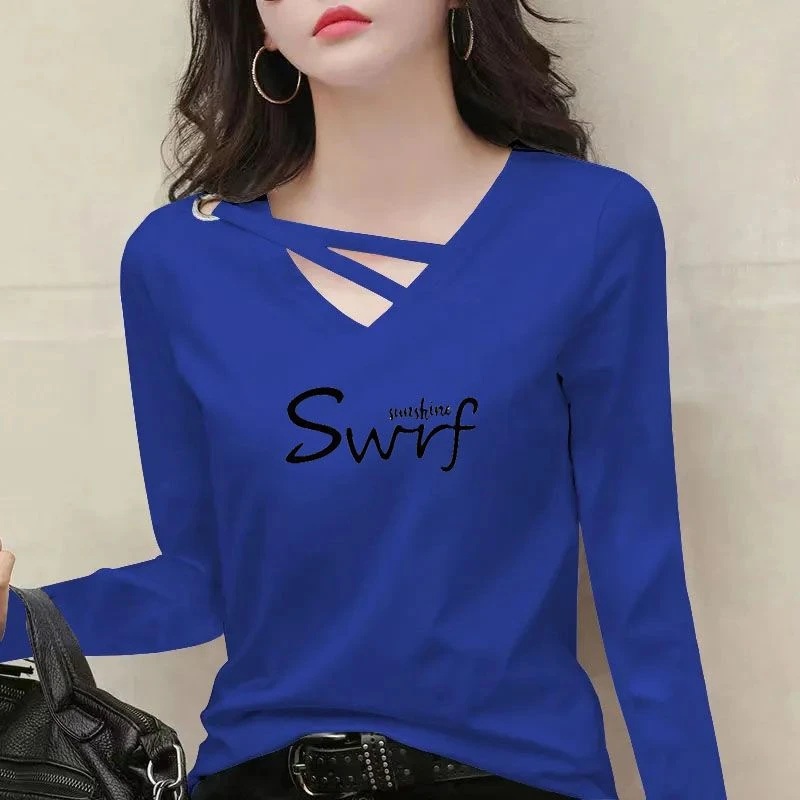 100%纯棉V领春秋长袖t恤女韩版宽松镂空修身打底薄款上衣