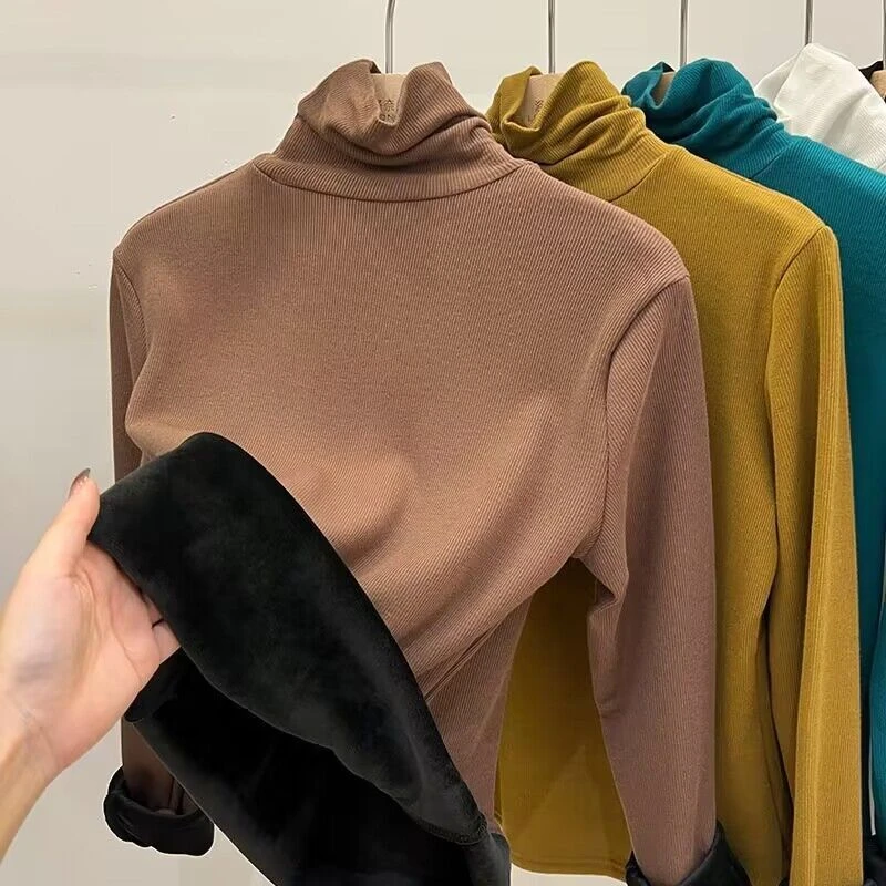 啄木鸟螺纹堆堆领T恤女生长袖2023加绒加厚秋冬新款保暖上衣打底