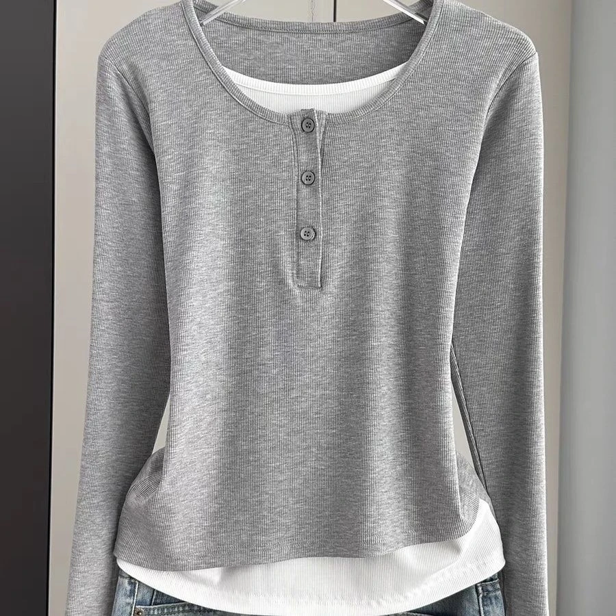 大码女装假两件长袖t恤女2024新款秋季打底衫宽松外穿正品