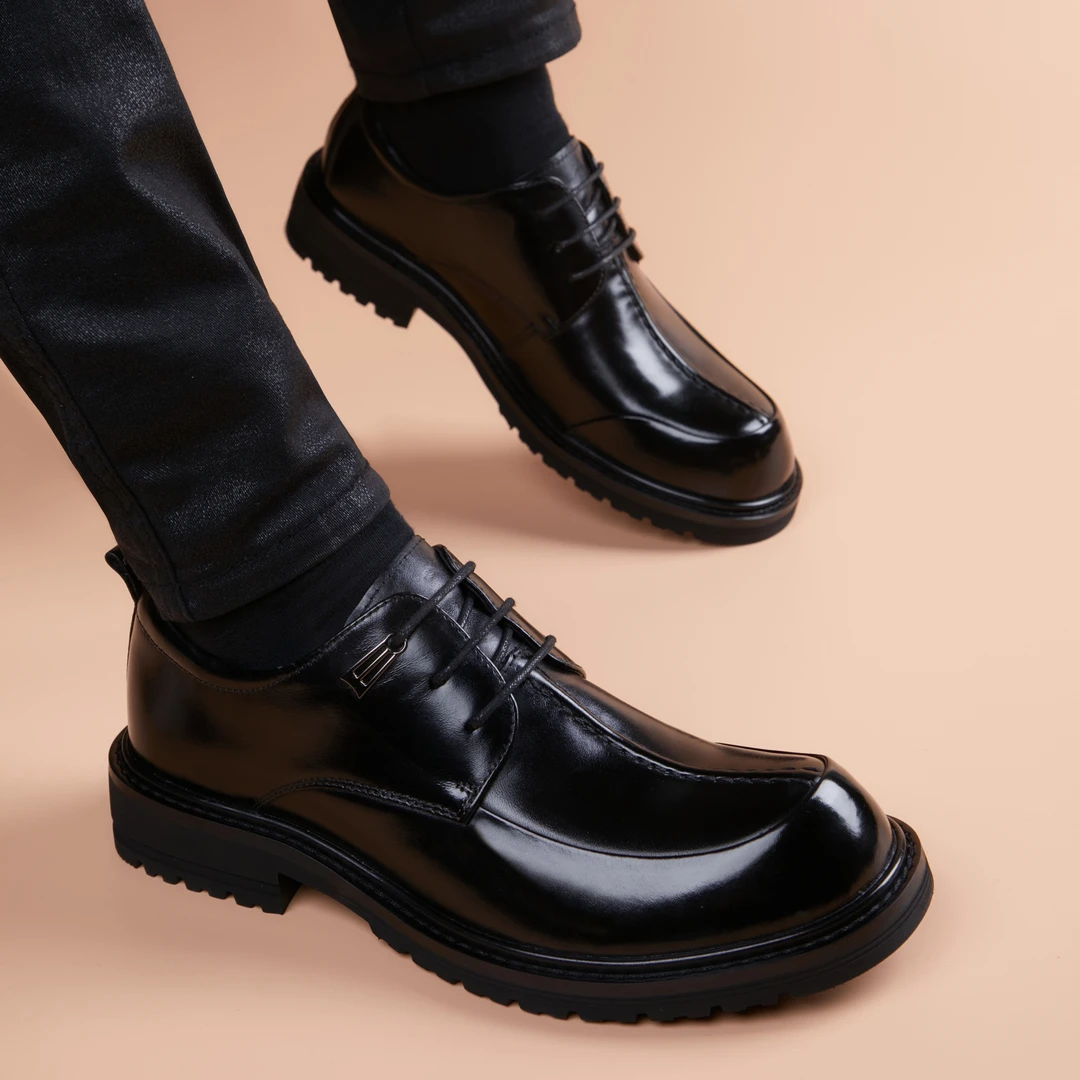 系带中跟德比鞋休闲皮鞋男士百搭透气厚底商务潮流英伦风韩版皮鞋