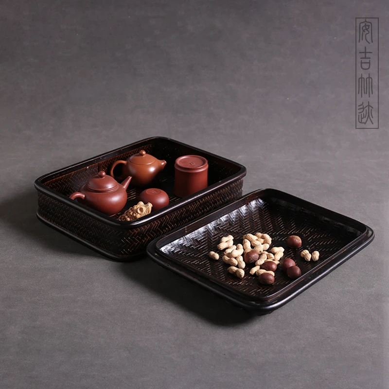 递铺竹迹大漆手工竹篮茶室桌面水果盘复古竹编茶具收纳筐收纳盒