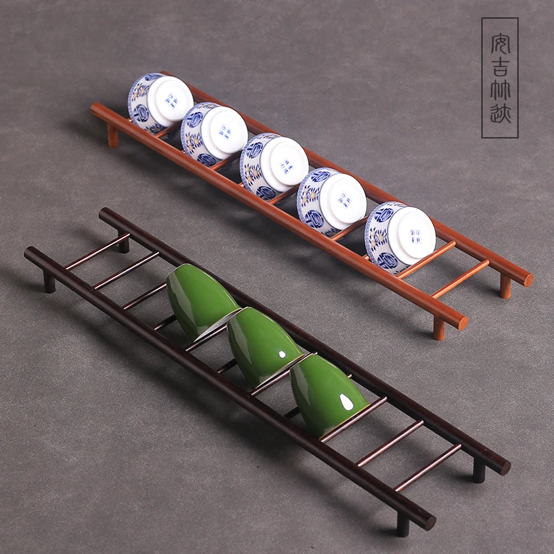 茶道杯架步步高升晾杯架创意茶杯收纳架茶台摆件小竹梯绿植茶杯架