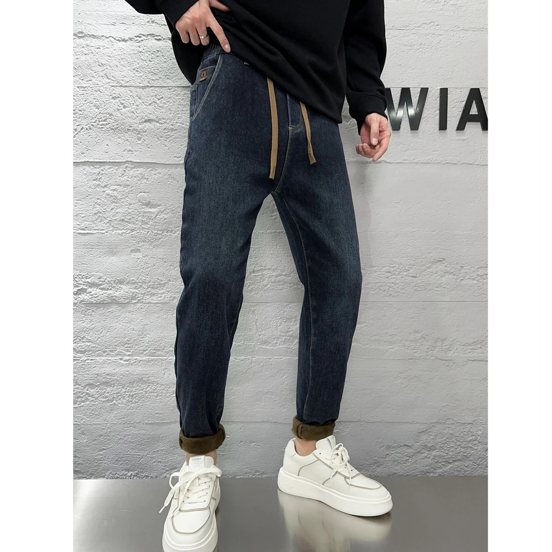 【行走小火炉加绒牛仔裤】冬季新款松紧腰弹力小直筒加厚长裤-306