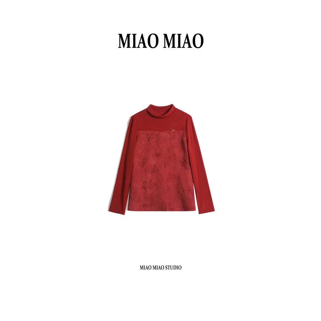 【沐欢】淼淼家J-5 红色秋季舒适极幼网纱长袖显瘦提花红云纱打底衫