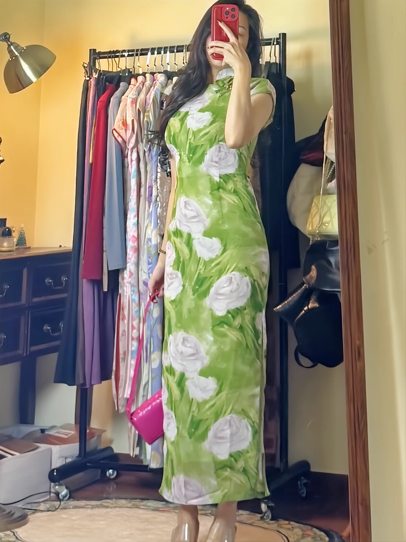 【绿油画】微胖旗袍气质少女复古显瘦长款修身优雅油画连衣裙