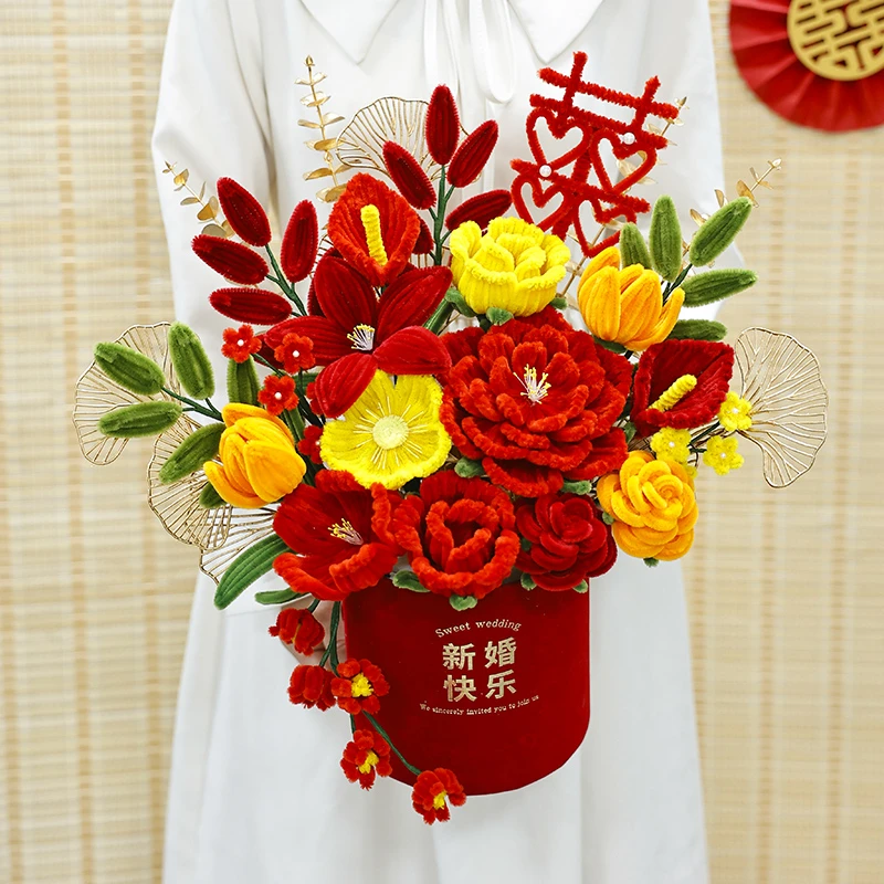 结婚新房装饰品摆件自制成品礼物抱抱福桶玫瑰花束手工diy材料包