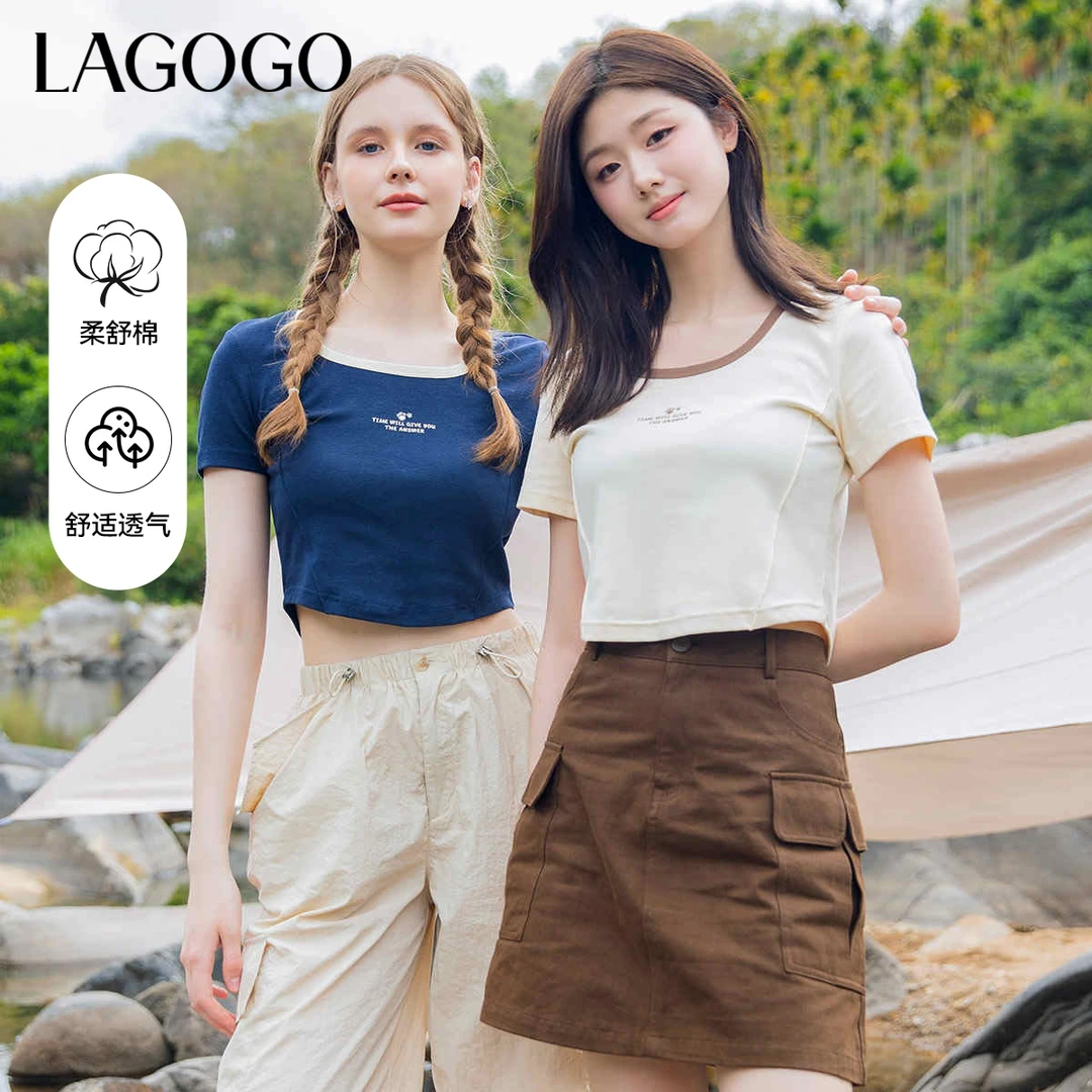 lagogo拉谷谷2024年新款弹力舒适方领显瘦猫爪T恤女NATT313G33