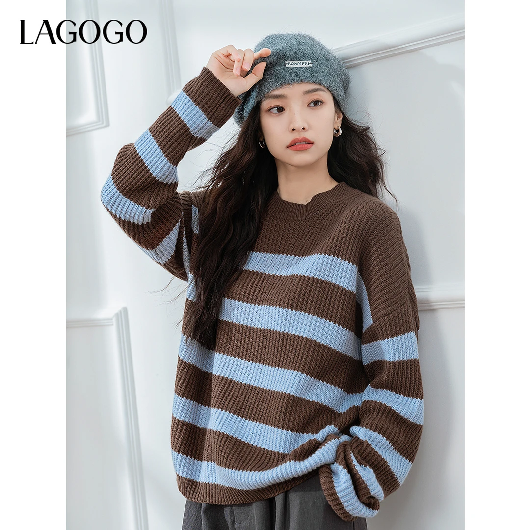 LAGOGO抗起球撞色毛衣女2024冬新款条纹氛围感针织衫NCMM429GB9