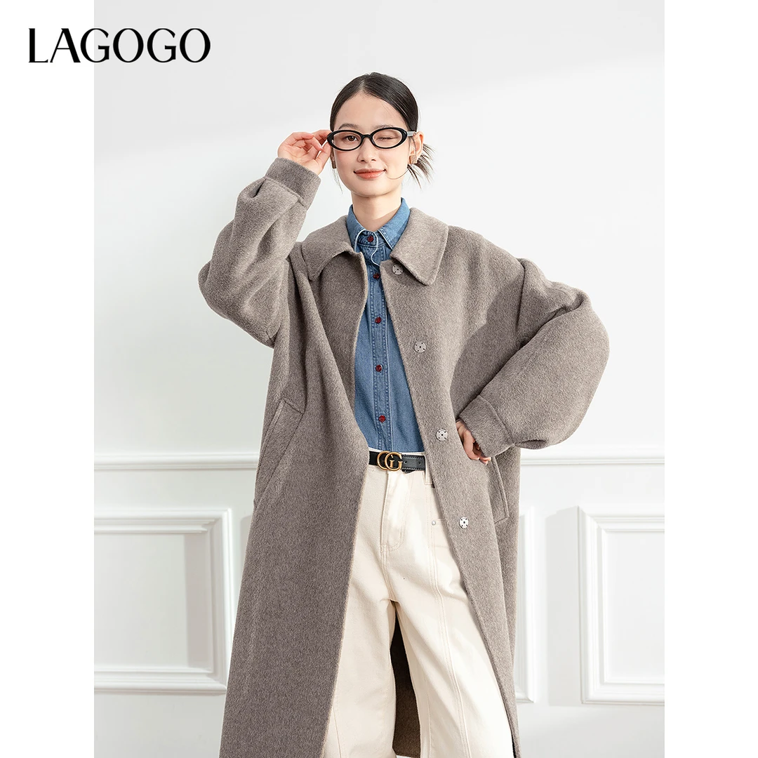 【100%绵羊毛】LAGOGO宽松大衣女拉谷谷冬款简约长款外套NCDD33YA62