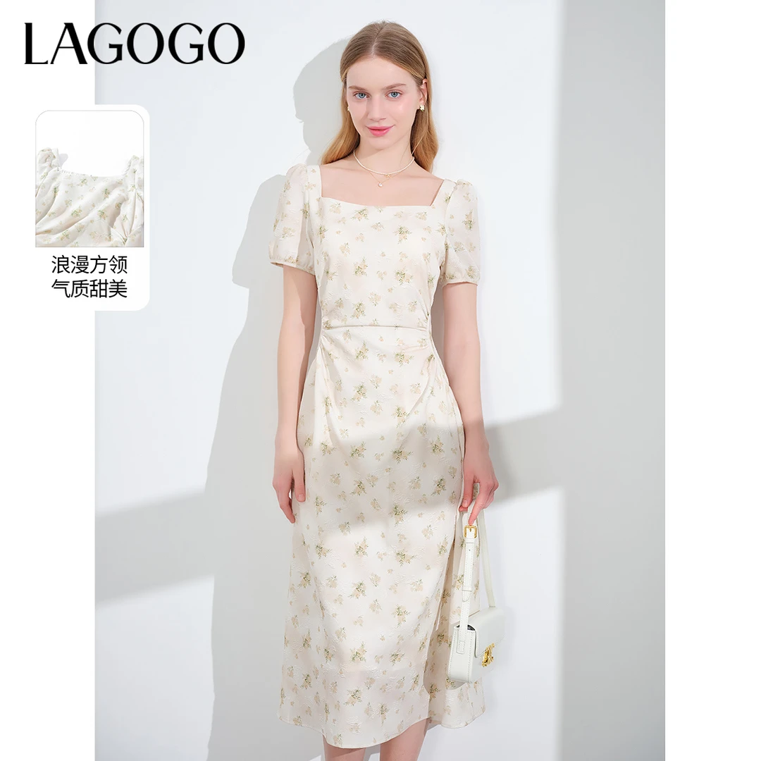 lagogo拉谷谷2024年新款浪漫方领收腰提花连衣裙女NALL303G32