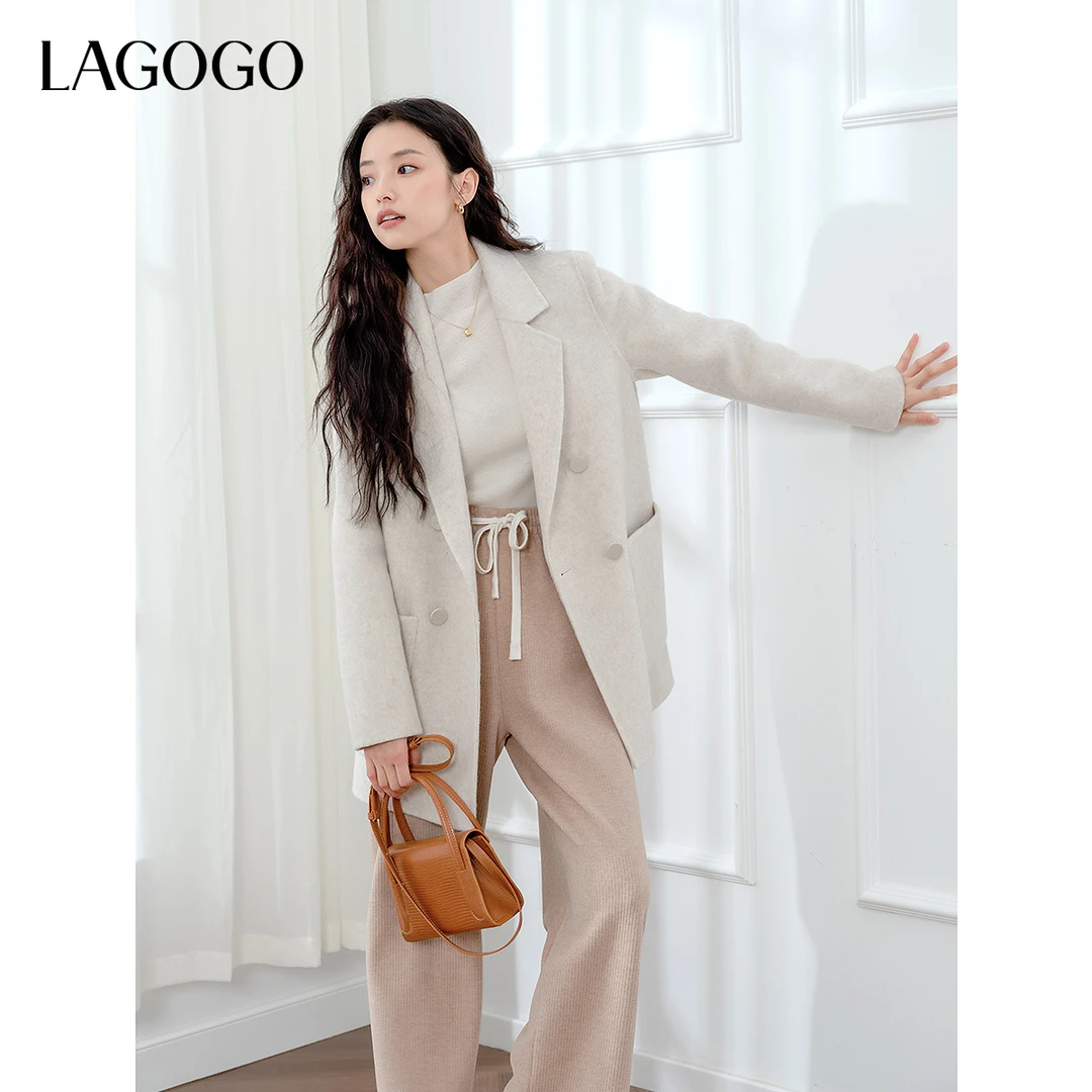 LAGOGO双面毛呢西装领大衣女拉谷谷2024中长款通勤外套NCDD239G07