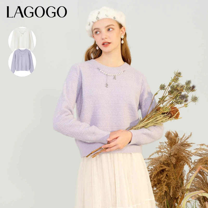lagogo拉谷谷2023年新款花型针双色显白慵懒针织衫女MCMM439W46