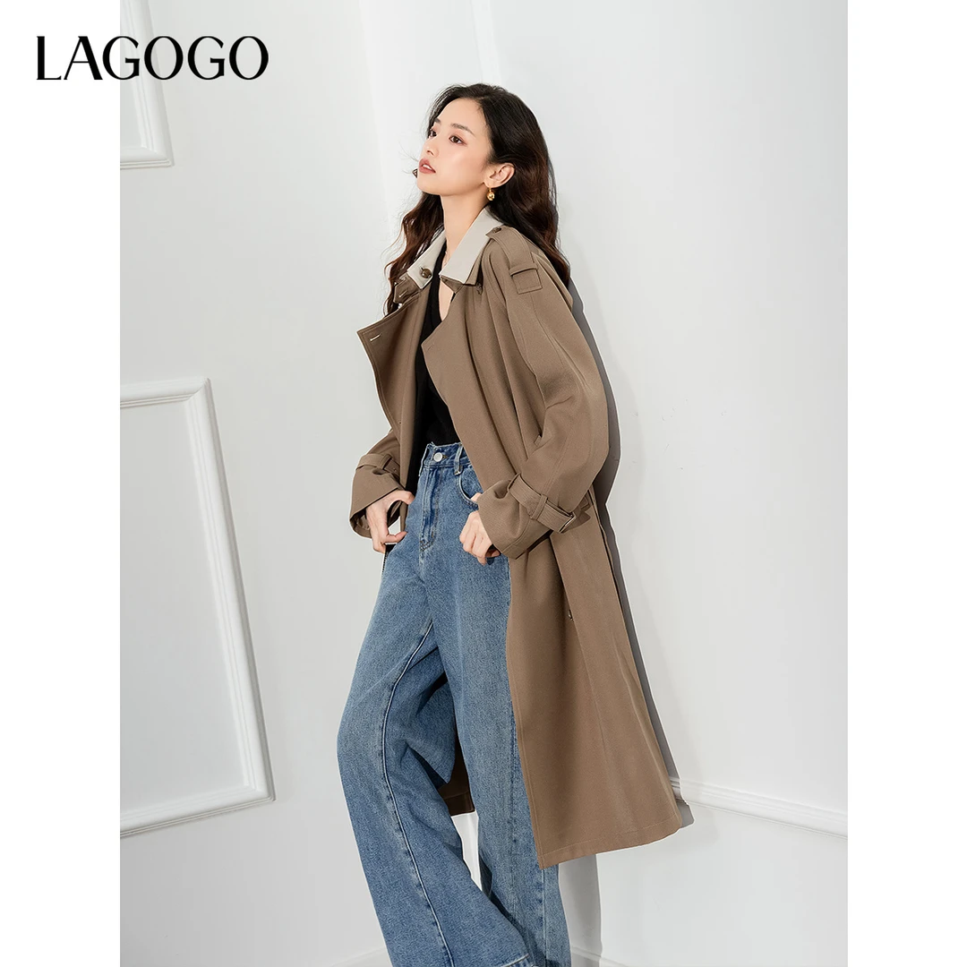 LAGOGO驼色文艺双层领风衣女拉谷谷春秋高级感中长外套NCFF237G01