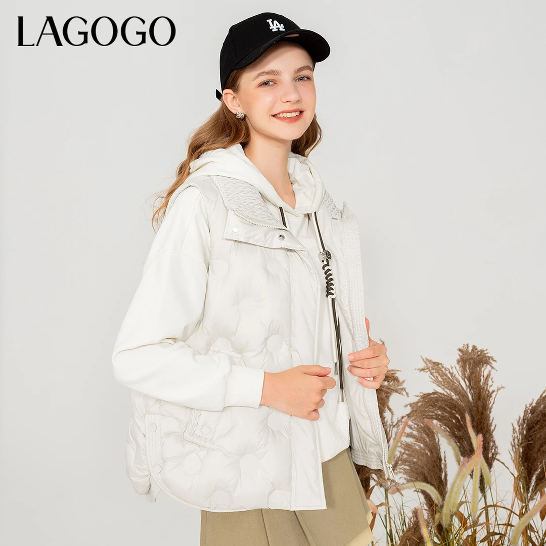 lagogo/拉谷谷新款气质立领拼接简约羽绒服女MCYY13XA62