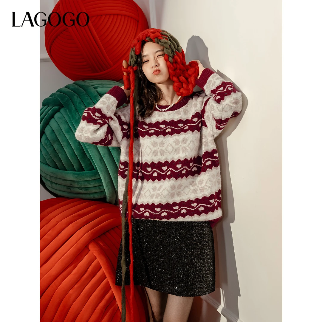 LAGOGO费尔岛条纹针织女拉谷谷2025春新款宽松毛衣OAMM471G02