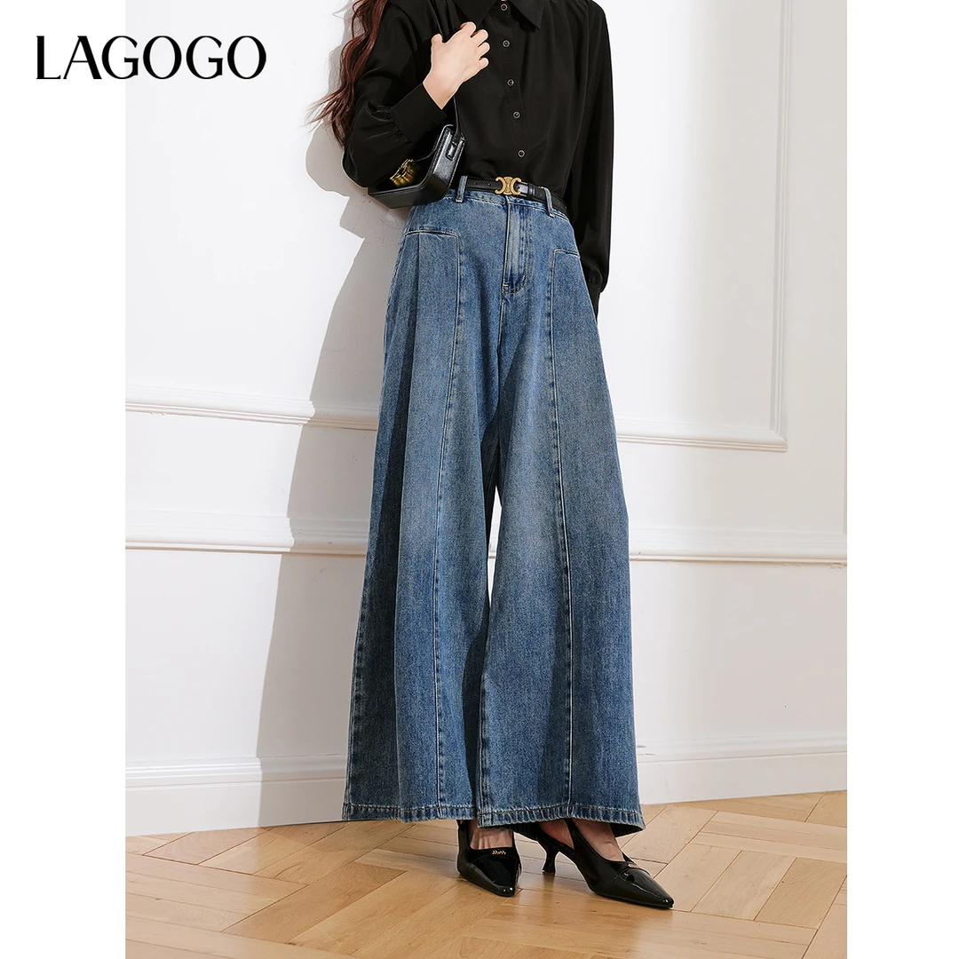 LAGOGO压褶设计牛仔裤女拉谷谷春秋高腰舒适垂感阔腿裤NCNN537G07