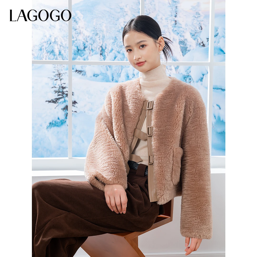 LAGOGO气质巴恩风外套女拉谷谷2024年冬款仿羊羔绒上衣NCRR239G12