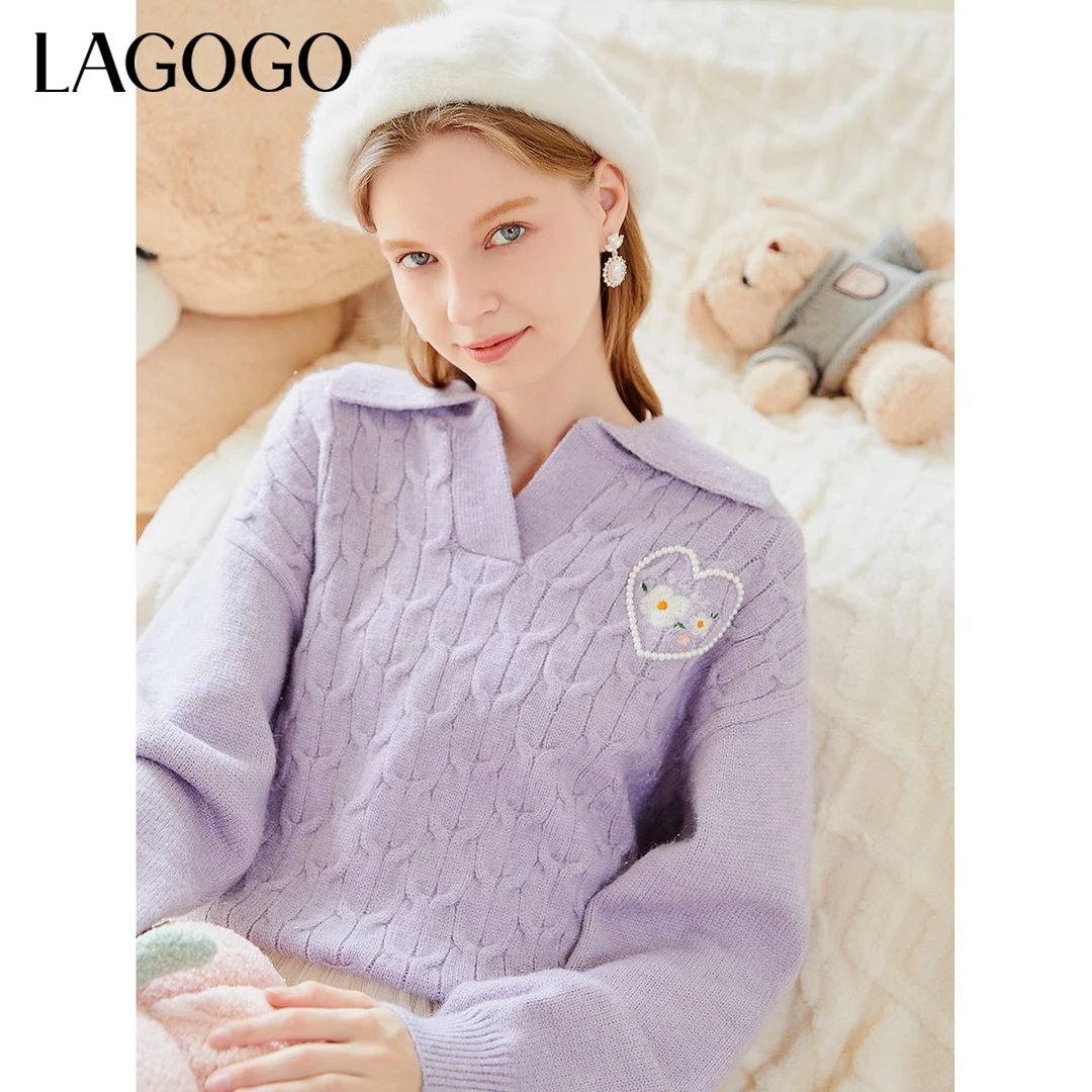Lagogo2023年新款可爱钉珠麻花针显白针织衫女MCMM41XG69